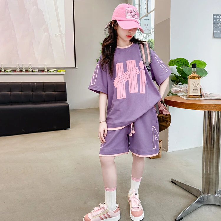 女童夏装洋气休闲短裤套装2024新款中大儿童拼色短袖两件套潮宽松