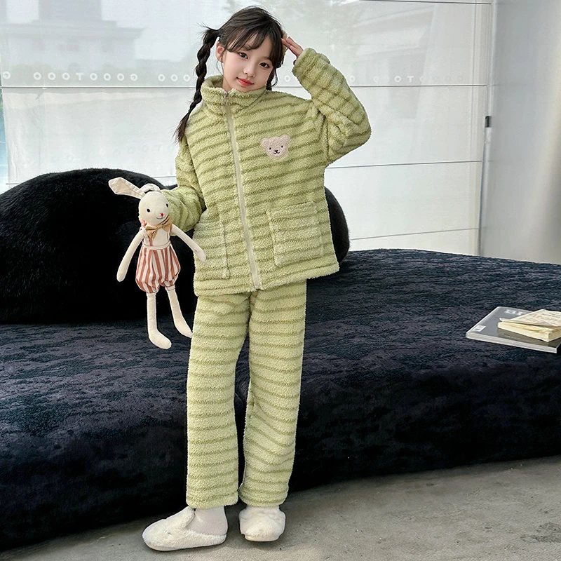 女童条绒开衫家居服套装秋冬加厚2024新款中大童保暖柔软睡衣外穿