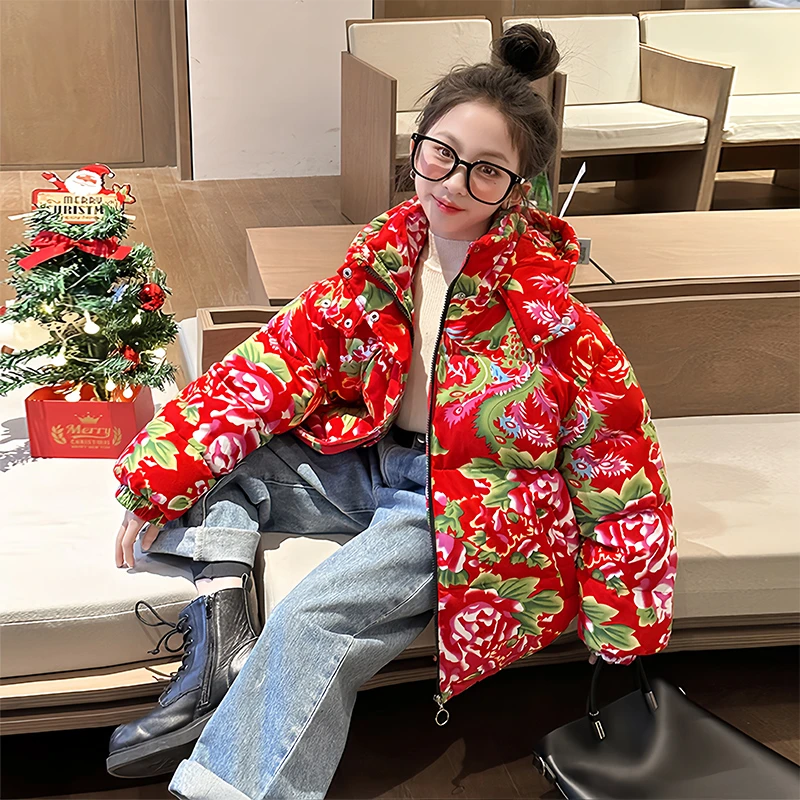 女童东北大花袄冬装加厚2024新款棉服国潮中国风棉衣外套红色棉袄