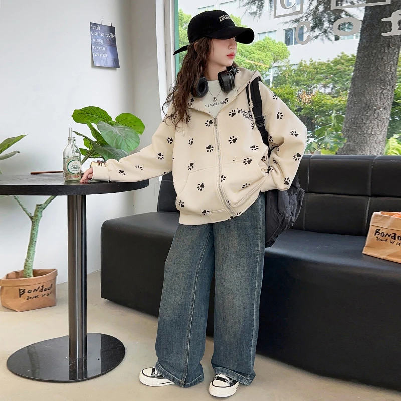 潮女童卡通印花连帽卫衣外套洋气秋装2024新款中大童时尚休闲穿搭