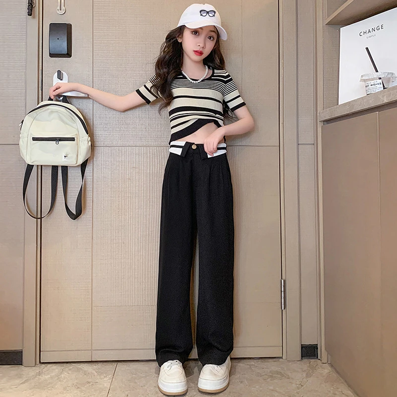 女童夏装西装阔腿裤套装洋气2025新款中大儿童短袖两件套时髦女孩