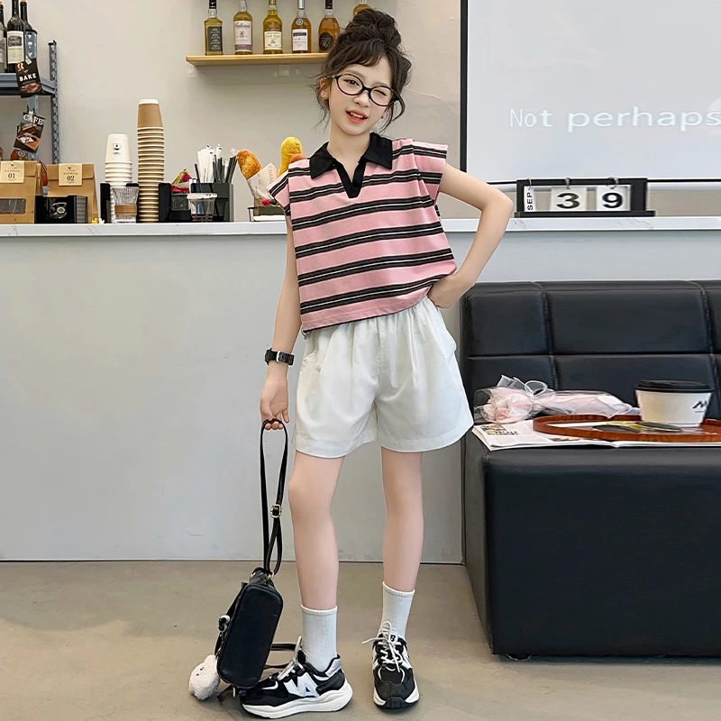 女童条纹无袖夏季套装时尚休闲2024年爆款中大童洋气两件套潮酷范