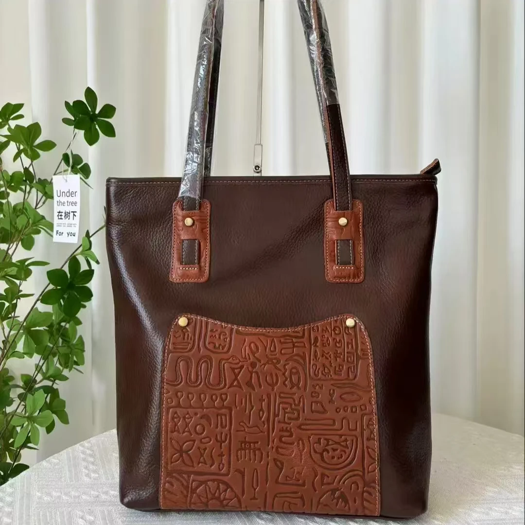 2024经典简约撞色牛皮单肩大包时尚休闲通勤