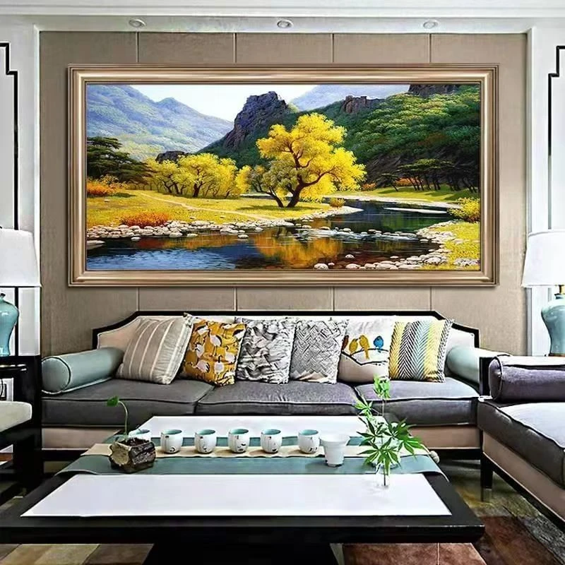 璀璨金秋依山傍水十字绣大格白布四股线140*75cm，39色满绣无勾边