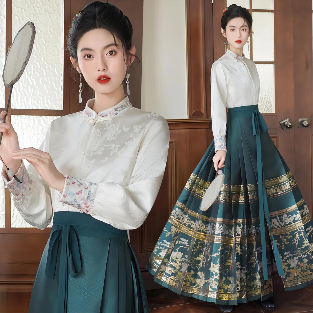 2024年秋冬新中式刺绣加绒长袖上衣一片式织金长裙系带马面裙套装