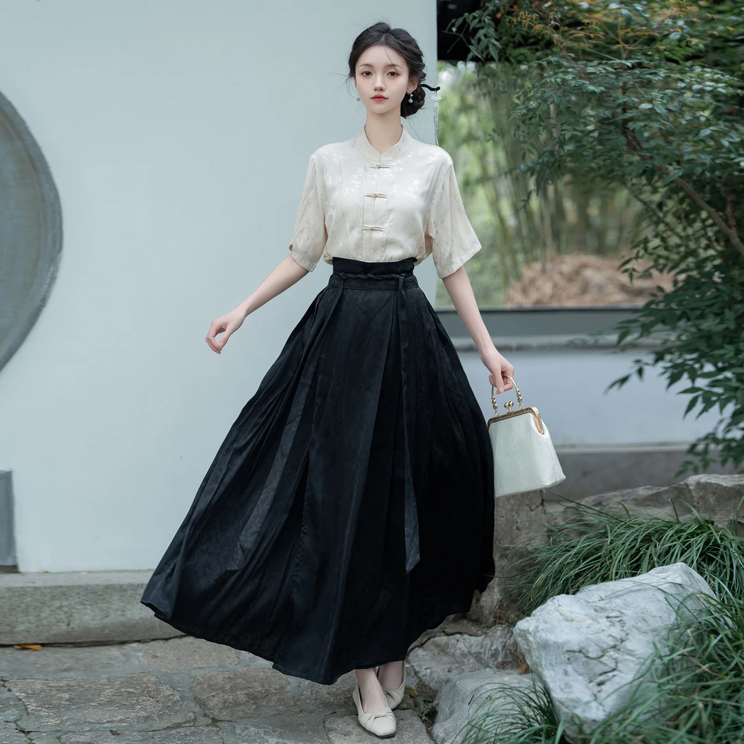 新中式短袖气质复古汉元素提花衬衫马面裙夏季法式中国风套装