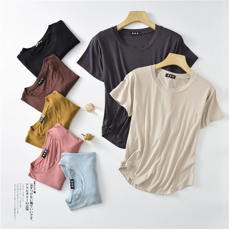 新款莫代尔拼接短袖T恤女夏百搭上衣简约圆领内搭圆弧下摆打底衫