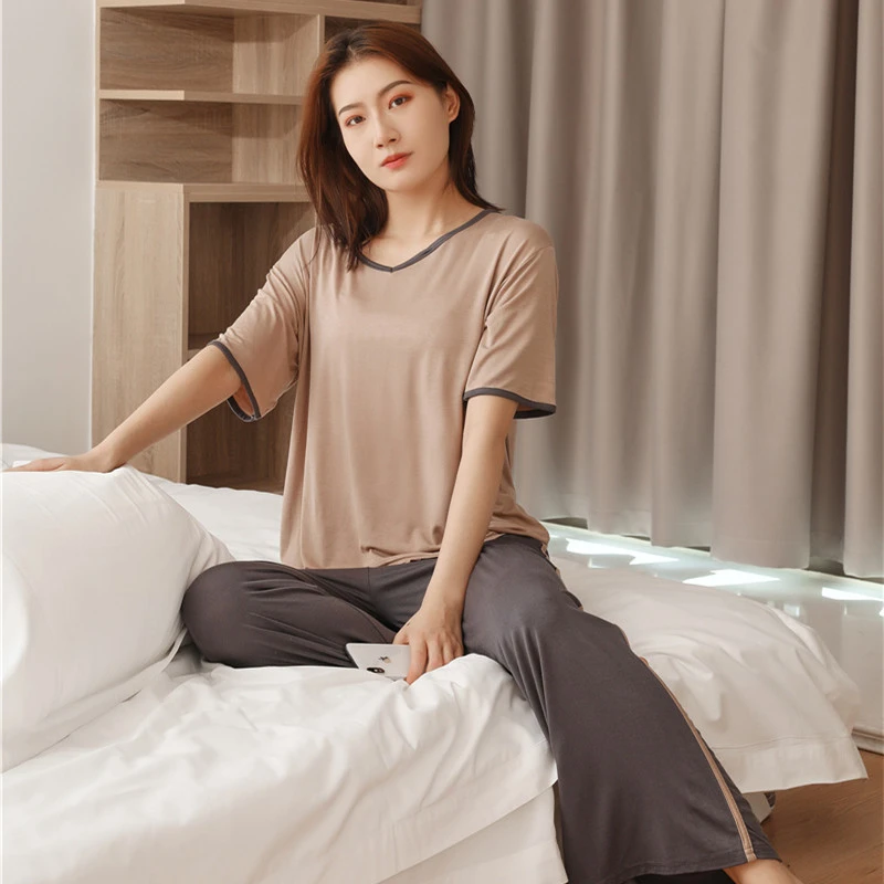 莫代尔家居服女夏宽松大码胖mm可外穿休闲两件套薄款显瘦睡衣套装