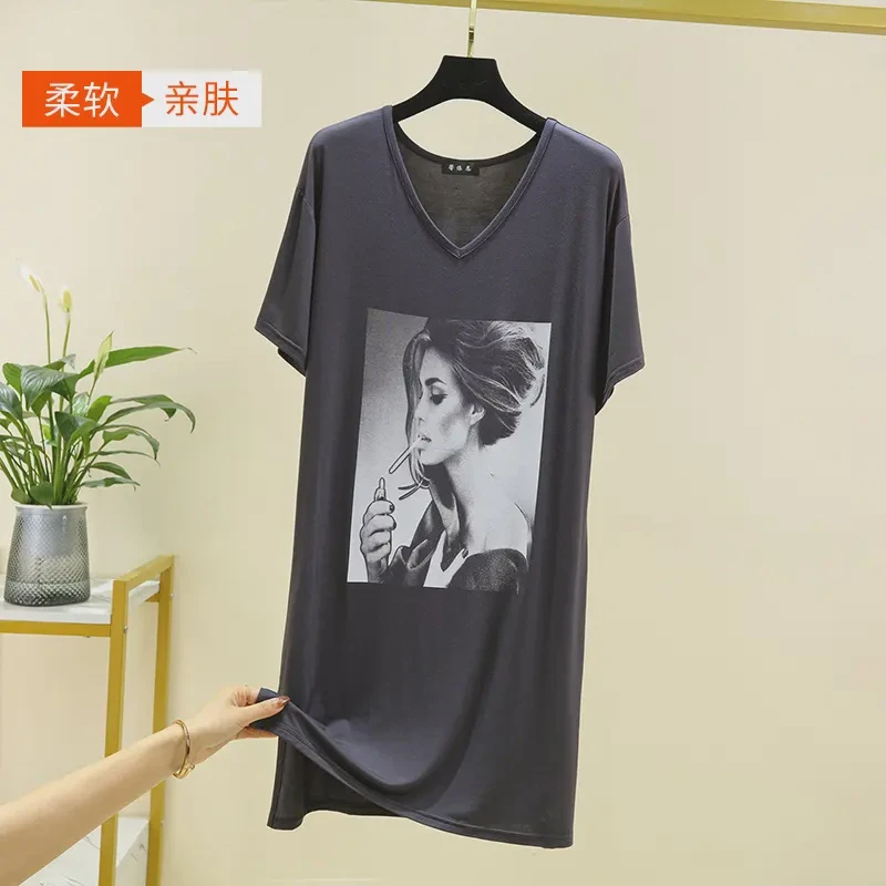 莫代尔短袖女夏季2023年新款长款t恤裙宽松包臀上衣中长款连衣裙