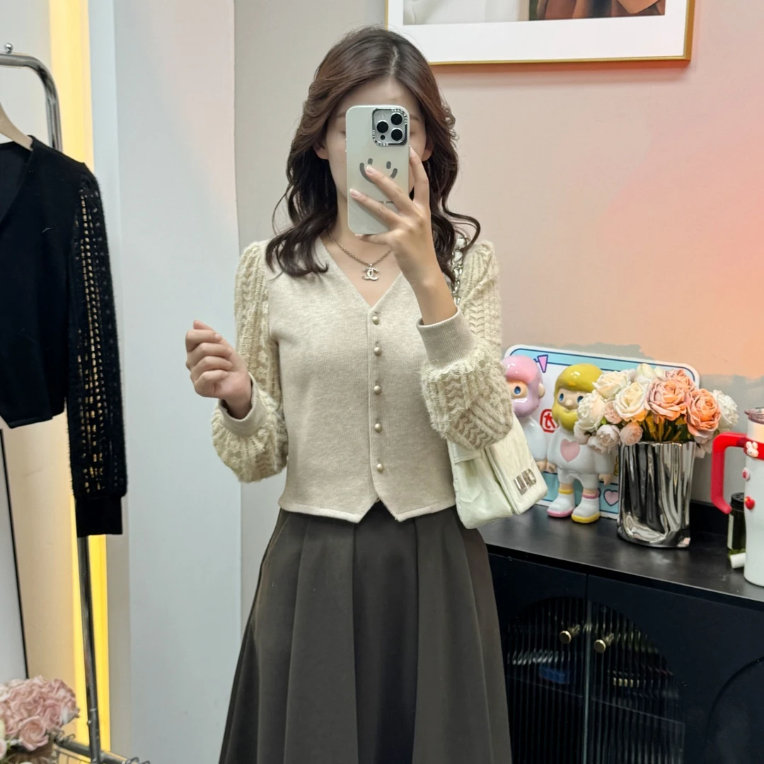 【现货】2024秋季新款时尚小香风V领长袖法式显瘦拼接衬衫上衣112#