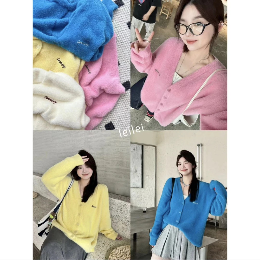 晶咕【奶呼呼】韩版早秋软糯慵懒风糯糯宽松刺绣针织毛衣外套