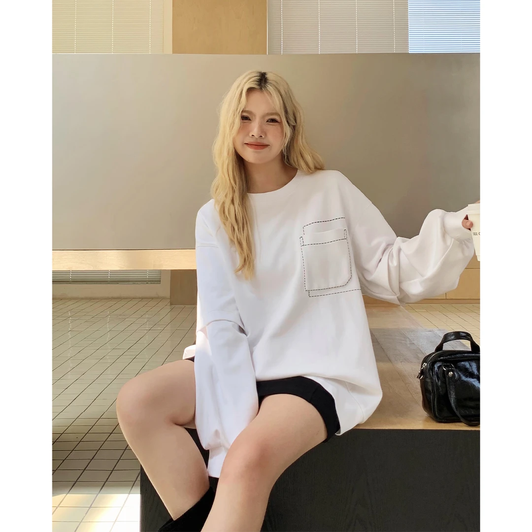晶咕白标~美式假两件设计感长袖卫衣女秋季大码圆领宽松上衣