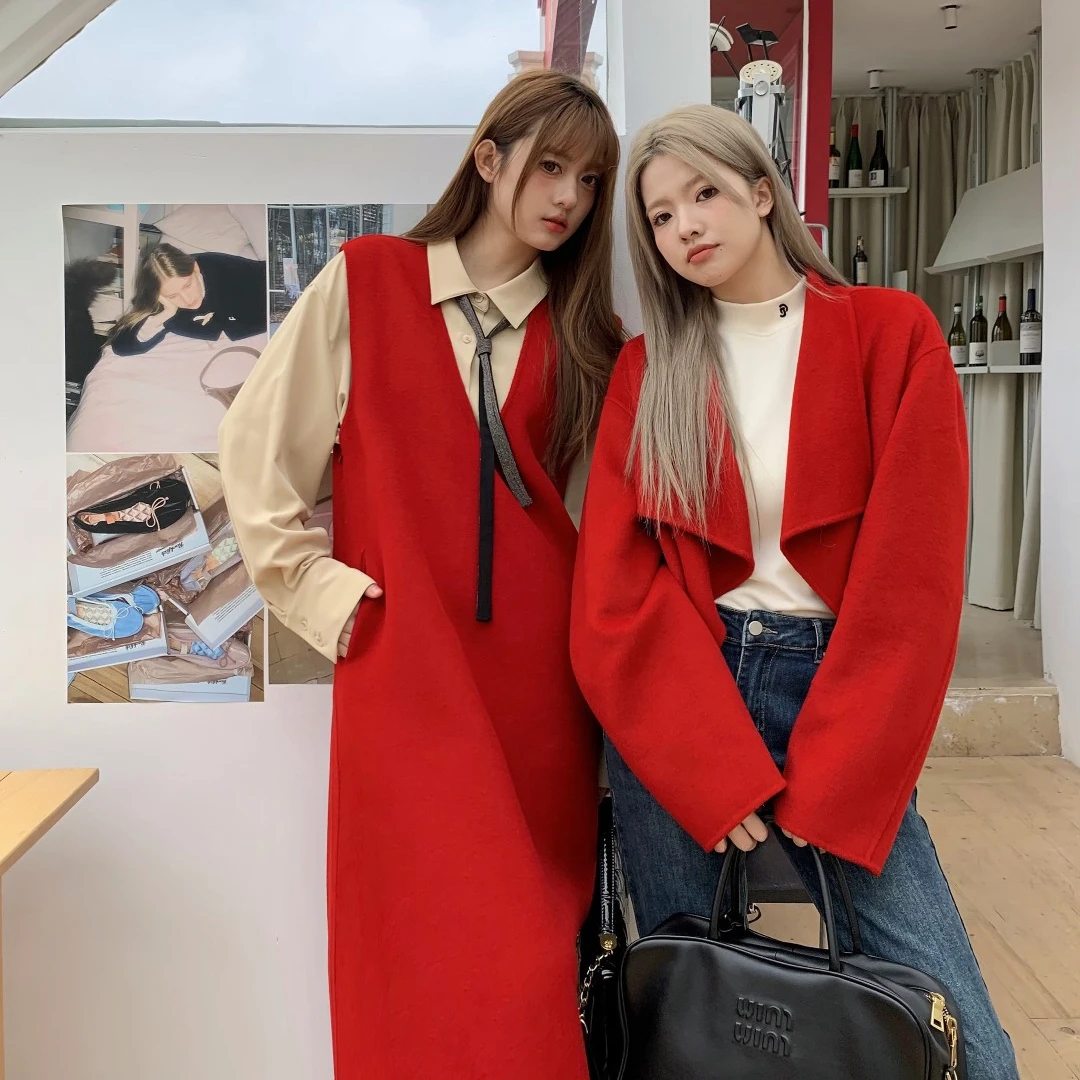 晶咕白标~新年战袍~短绒双面呢荡领大衣半裙背心裙宽松气质休闲女