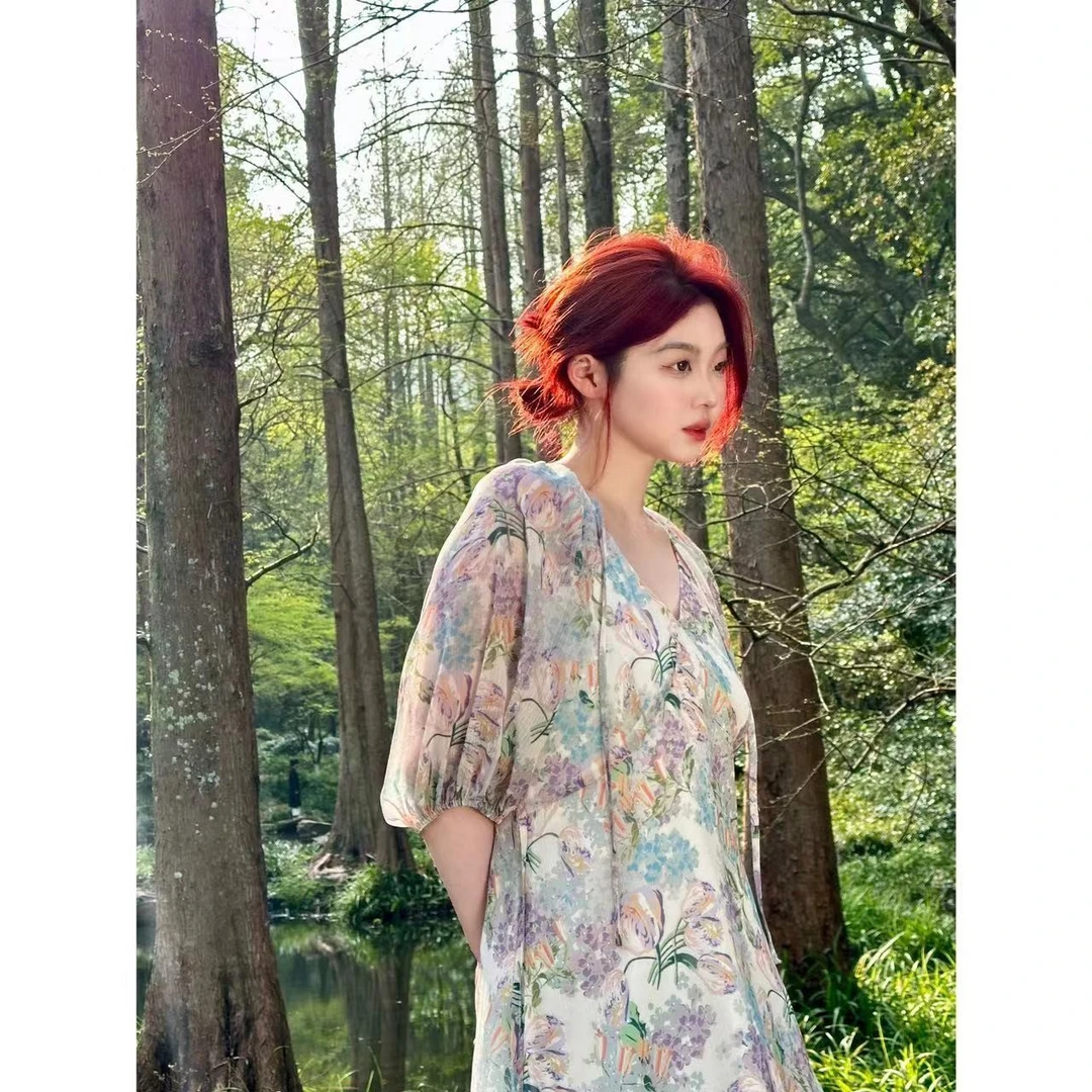 晶咕「花落繁星」灯笼袖V领别致显瘦碎花森系连衣裙