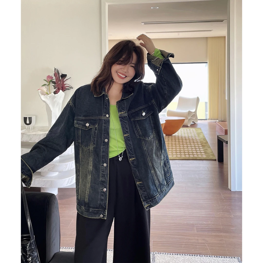 晶咕白标~复古水牛仔外套女秋季新款大码宽松长袖气质上衣拼接