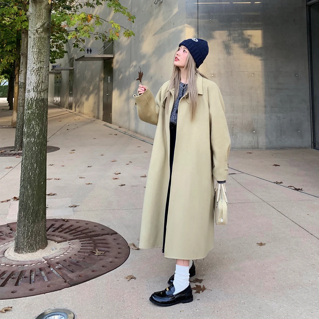 晶咕白标~电影女主~带腰带双面呢大外套气质宽松廓形大衣中长款