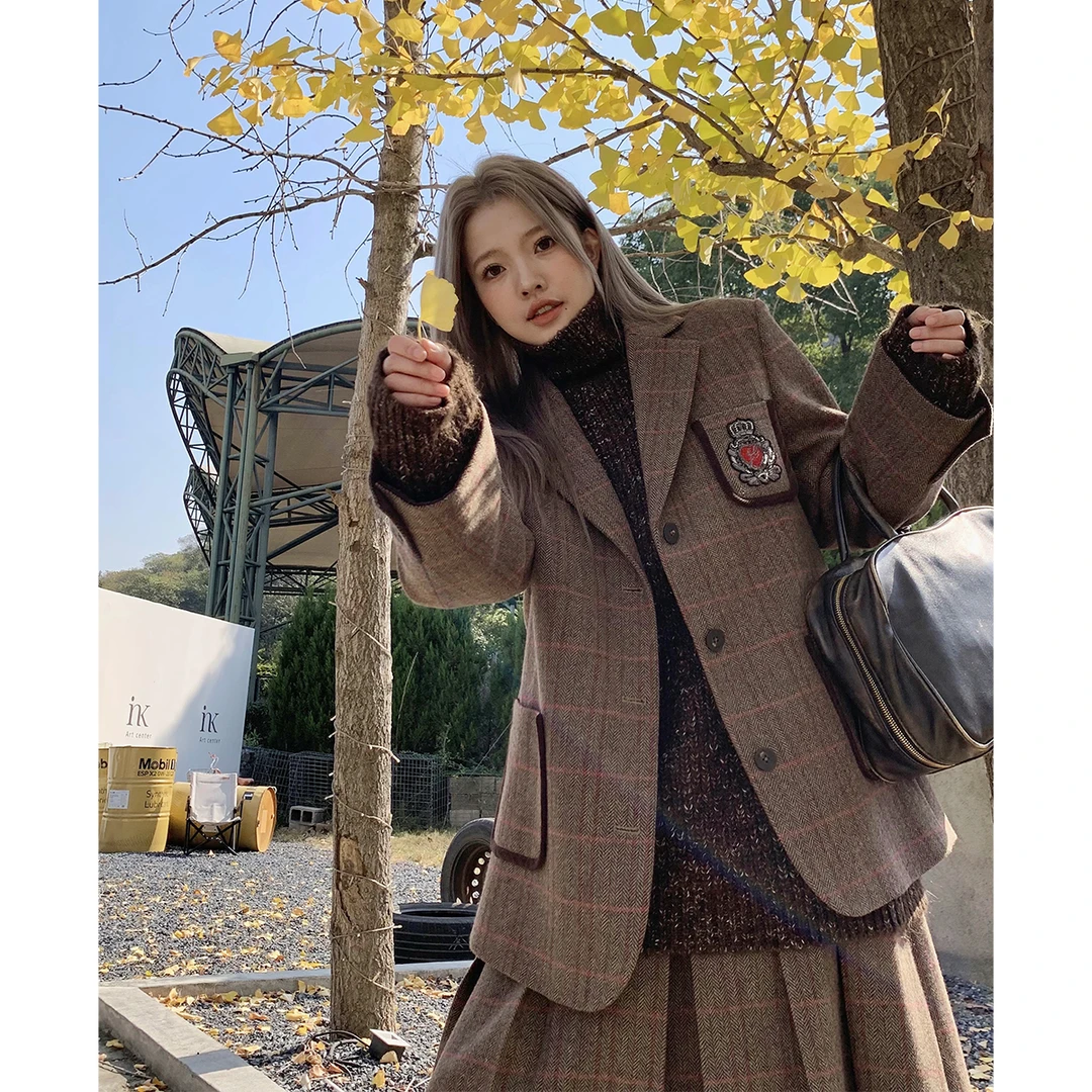 晶咕白标~常青藤联盟~毛呢西装+长短半裙3件套学院风时尚气质韩版