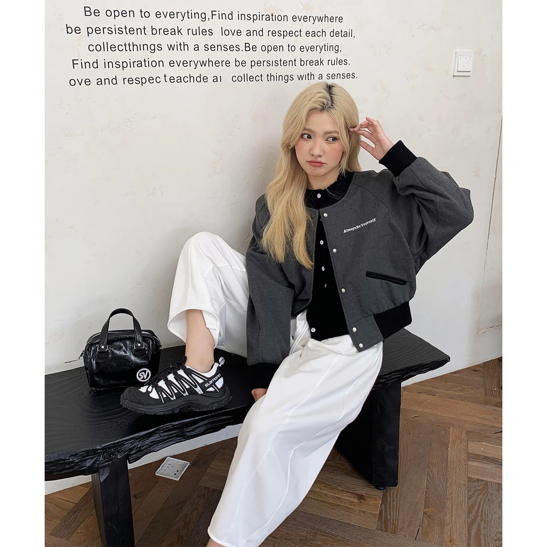 晶咕白标~短款TR料复古球夹克外套女秋季大码休闲显瘦上衣百搭