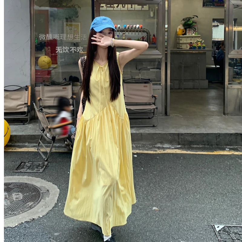 温柔风法式无袖背心裙小个子甜美洋气圆领系带复古连衣裙