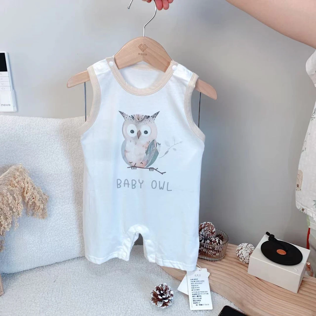 3037猫头鹰无袖哈衣薄款爬服幼儿儿童婴儿宝宝卡通印花纯棉夏款
