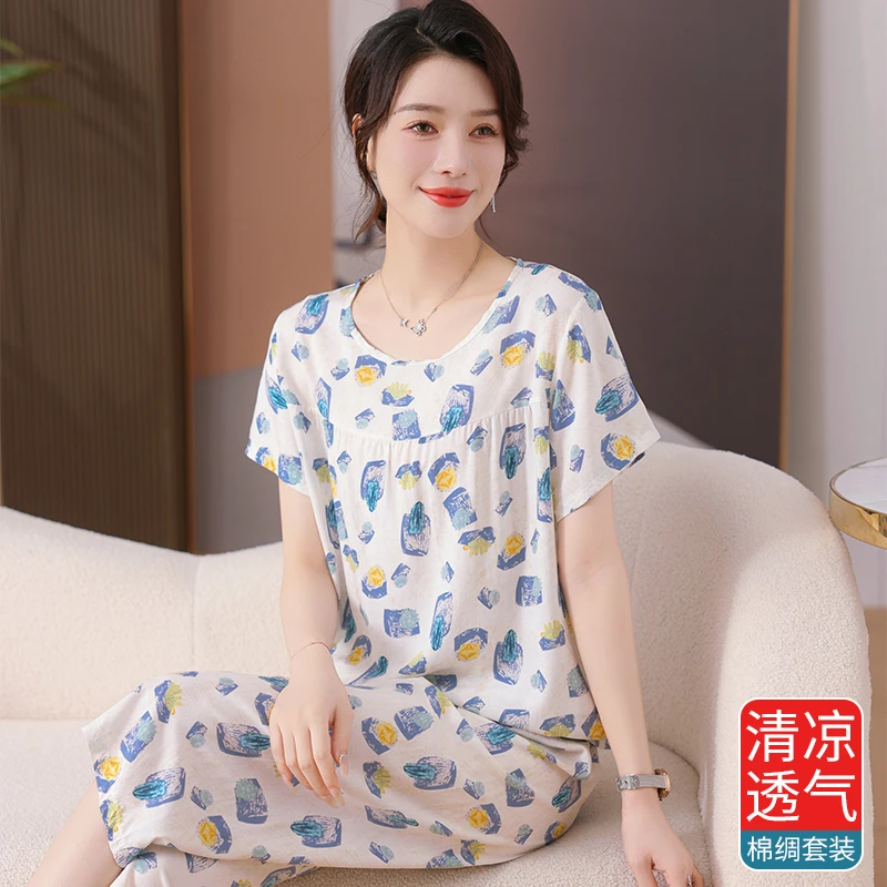 中老年妈妈夏装睡衣女款老年人夏季棉绸女装奶奶短袖绵绸大码套装