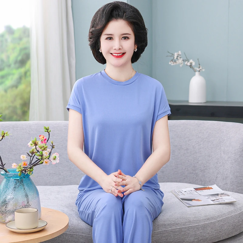 中老年莫代尔睡衣女夏款中年妈妈短袖长裤大码家居服透气柔软老人