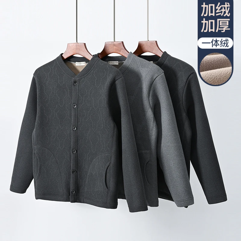 爸爸款保暖衣加绒加厚开衫款爷爷棉衣冬季中老年男士开襟保暖套装