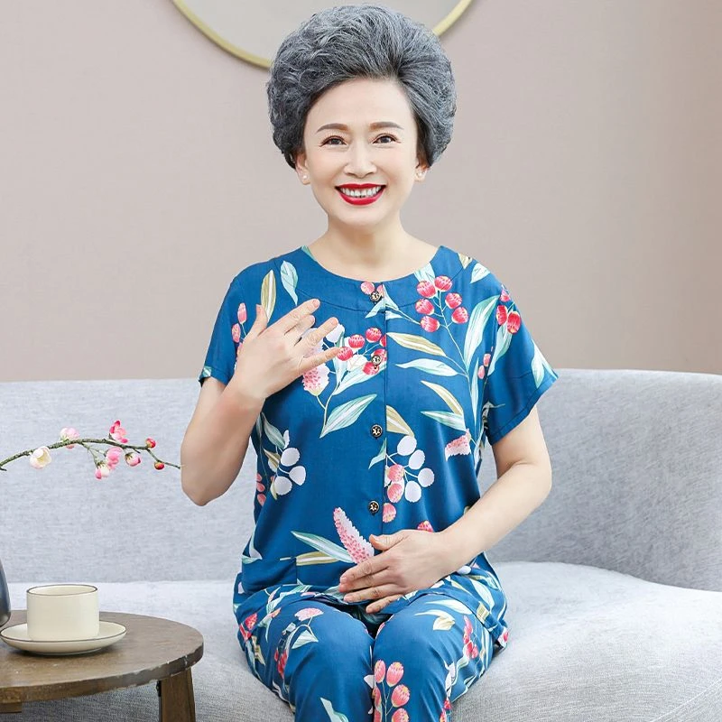 妈妈棉绸睡衣内衣女夏天薄款中老年人印花圆领短袖开衫家居服加大