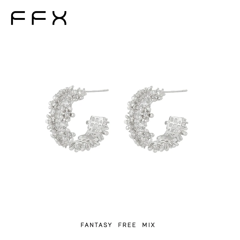 铜合金合成锆石耳饰 弗弗西FFX【漫花坞】轻奢超闪立体花朵耳圈耳环
