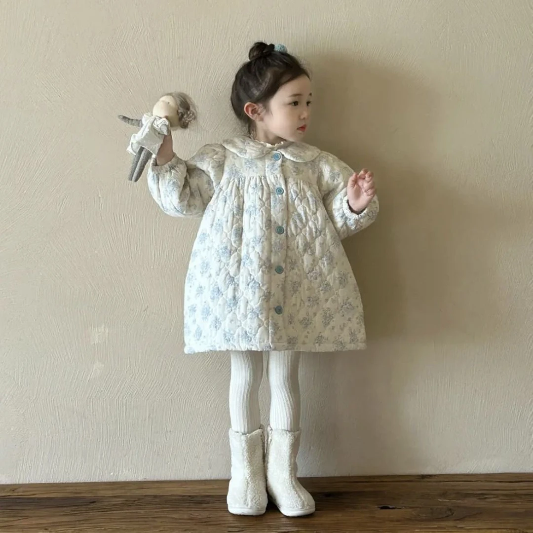 2024冬季碎花夹棉女童娃娃棉裙儿童秋冬新款加厚连衣裙公主