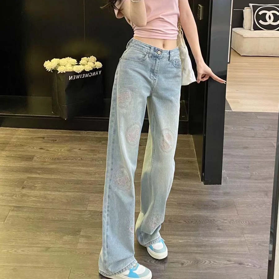 新中式国风龙图腾花纹刺绣阔腿牛仔裤女弹力做旧小个子显瘦直筒裤