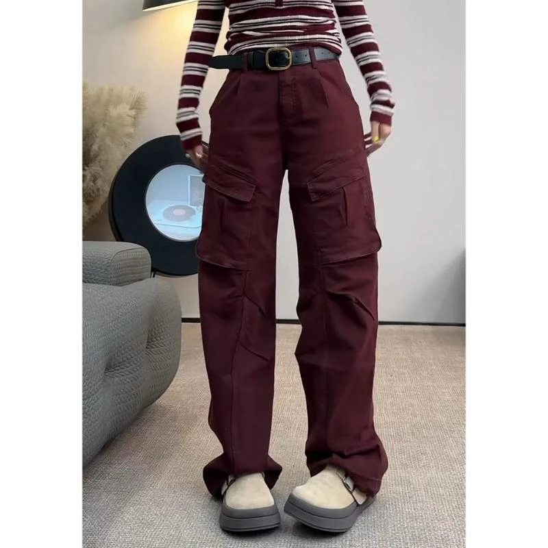 安克拉红牛仔工装裤2024秋季高腰新款美式工装牛仔裤显瘦拖地裤