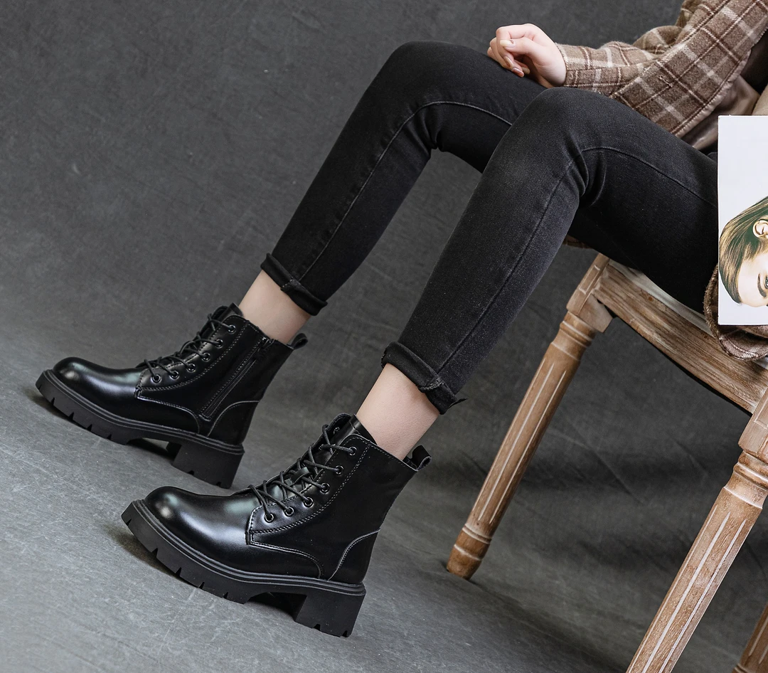 秋冬季真皮马丁靴加棉加厚英伦风靴子女士加绒时尚休闲百搭黑色