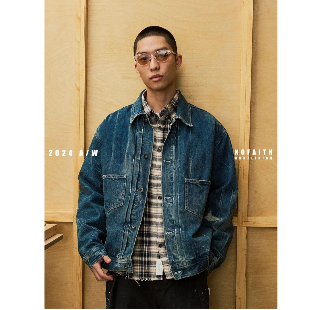 NOFAITH闪电纹牛夹克外套男秋季新款日系复古宽松休闲翻领上衣潮