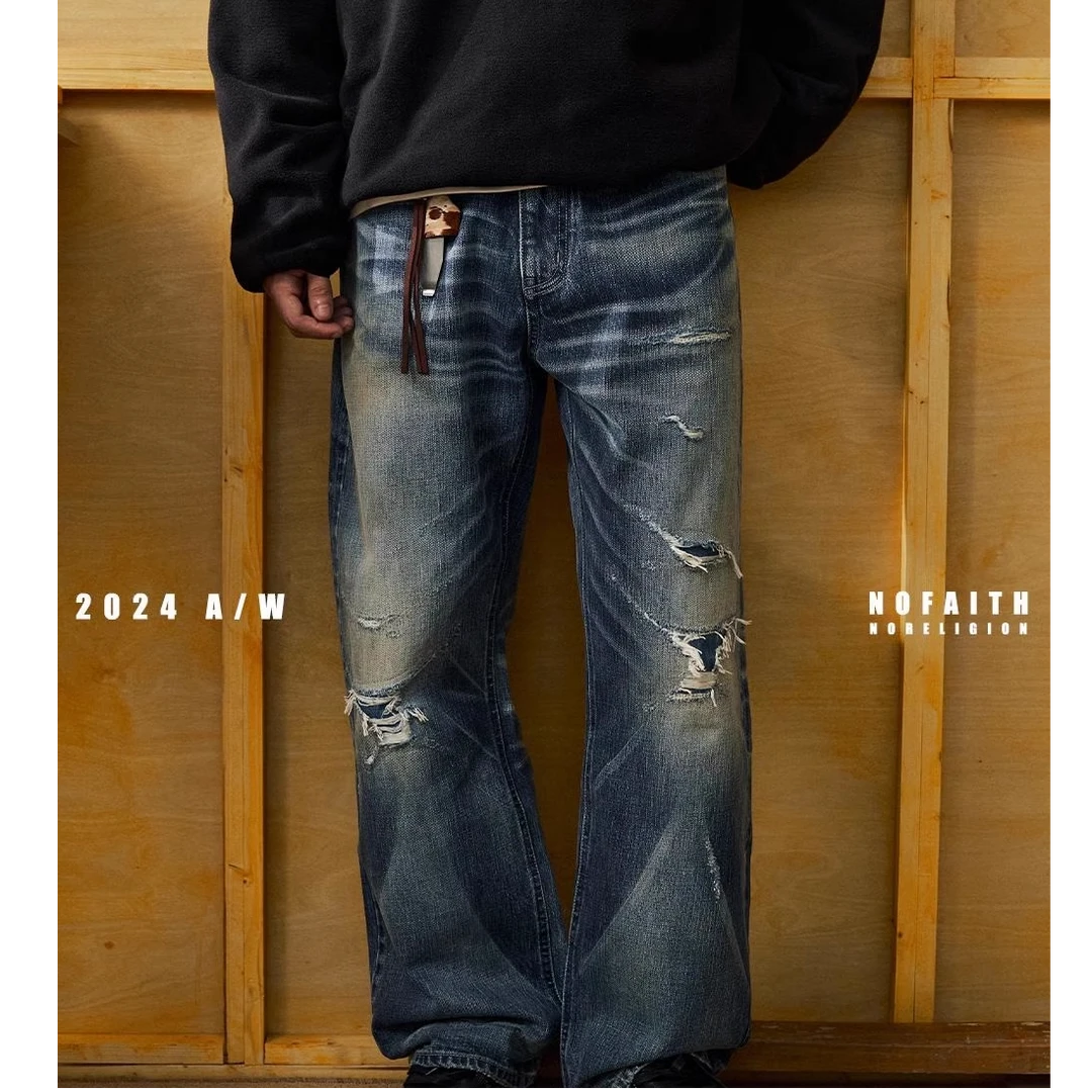 NOFAITH水洗做旧手工破坏牛仔裤男日系复古宽松直筒休闲裤NK03-19