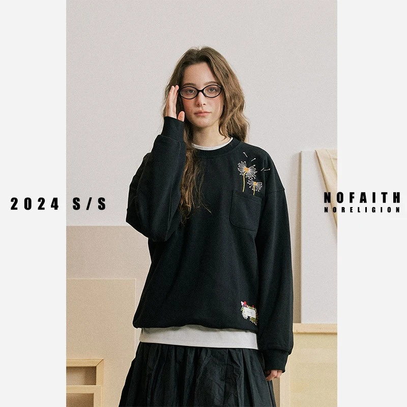 花卉刺绣卫衣男女圆领宽松日系复古休闲长袖情侣款上衣潮