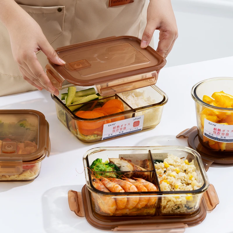 日本EAYU琥珀玻璃饭盒微波炉加热上班族学生带盖餐盒分隔便当盒