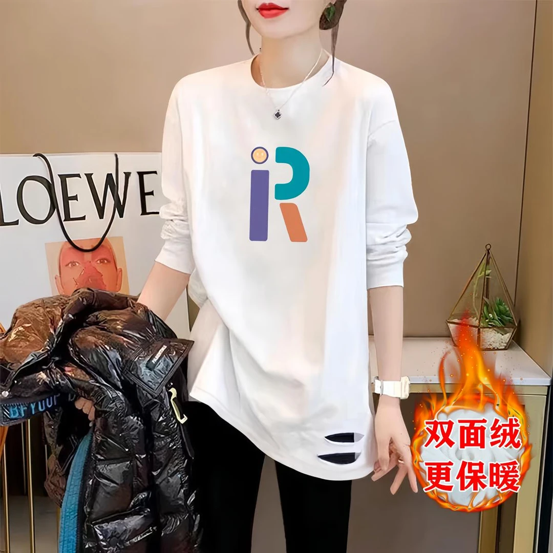 秋冬长款下摆破洞打底大码衣服百搭长袖白色双面绒时尚宽松上衣