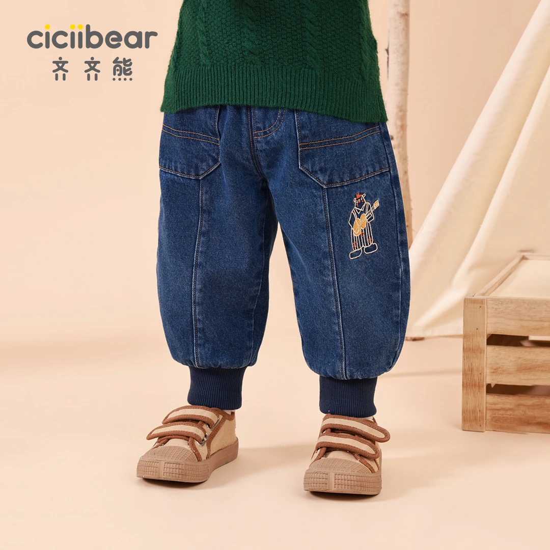 CICIIBEAR/齐齐熊男女童秋冬吉他小熊加绒牛仔裤儿童长裤Q100012