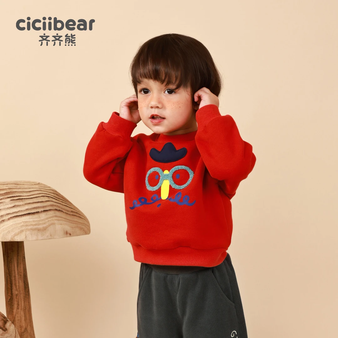 CICIIBEAR/齐齐熊男女童红色加绒卫衣儿童保暖圆领套头Q100203