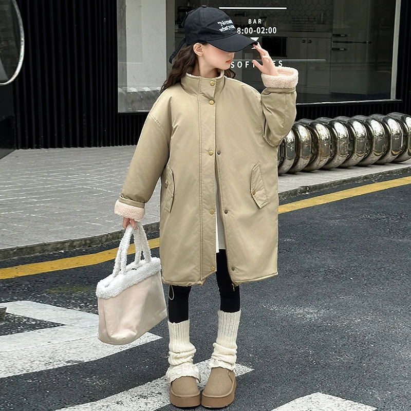 女童韩系派克服风衣冬季2024新款大童爆款中长款毛毛加厚棉服外套