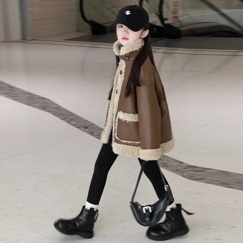 女童皮毛一体外套2024新款秋冬款大童冬装加绒加厚儿童装保暖衣服