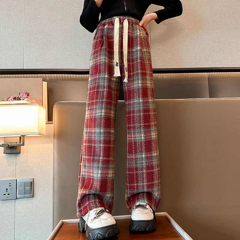 女童阔腿裤秋冬款洋气外穿儿童一体加绒格子裤冬季女大童休闲长裤