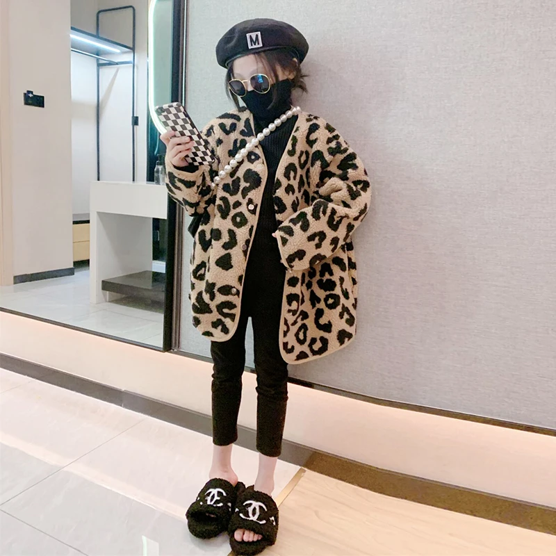 女童秋装网红豹纹皮毛一体外套女孩洋气韩范中大童春秋羊羔绒上衣