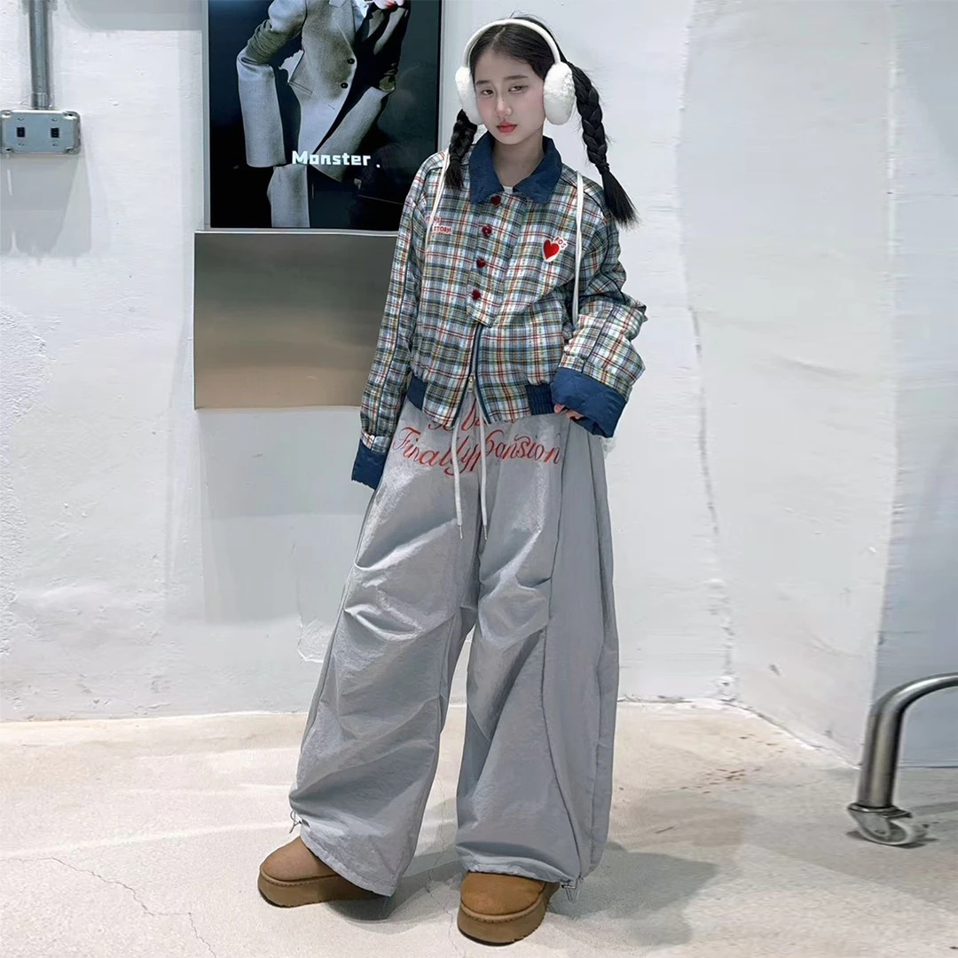 女童2024秋冬美式复古爱心格纹短款棉服外套冬季百搭翻领加厚棉衣