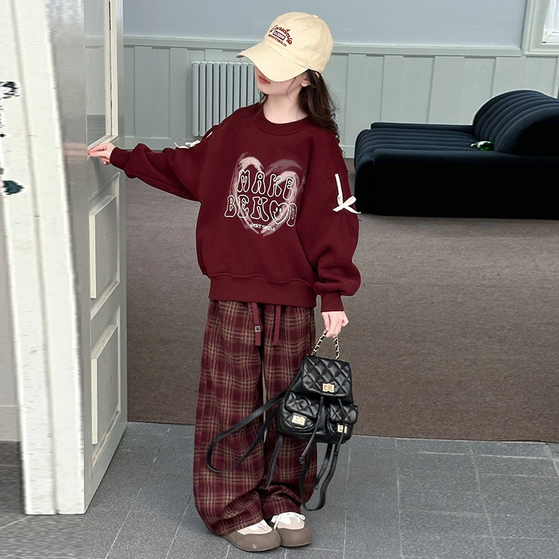 女童加绒卫衣套装秋冬2024新款儿童洋气女大童春秋加厚上衣格子裤