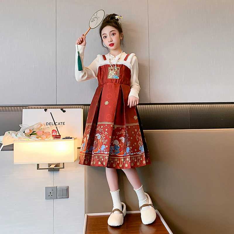马面裙女中大童秋冬季古装汉服2023新款小女孩唐装刺绣毛衣洋装