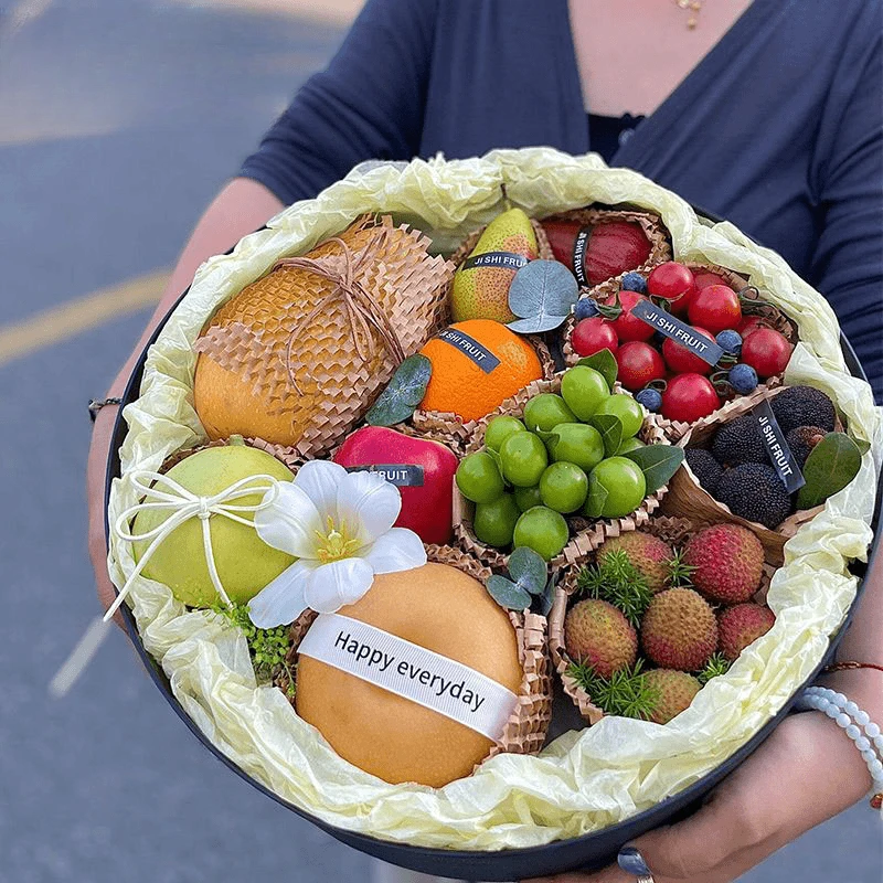 【花儿乐】中秋新款法式水果花盒DIY材料包套餐鲜花包装盒圆形礼盒
