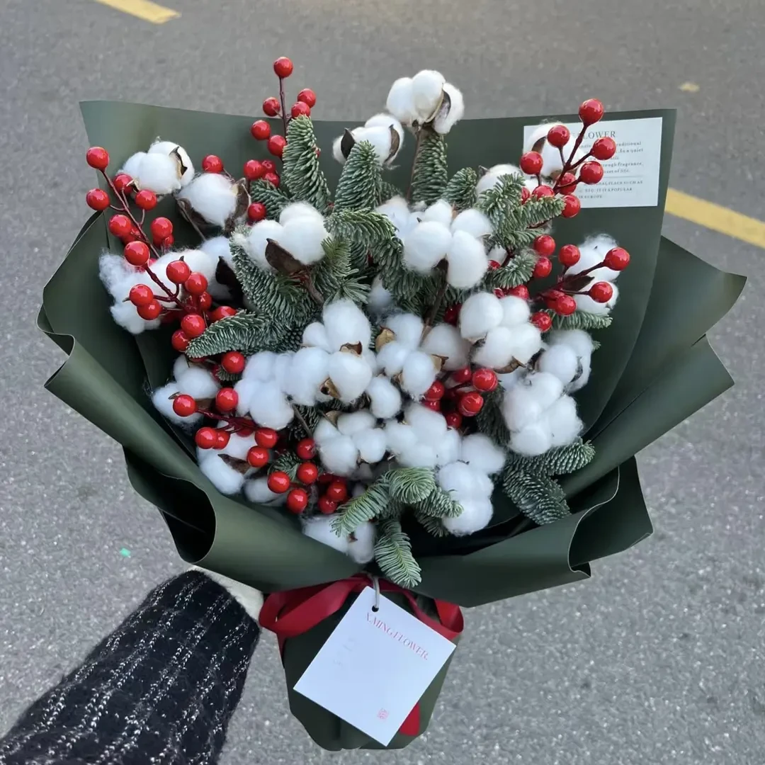 【花儿乐】圣诞天然真棉花头干花仿真花束DIY装饰白色棉花拍摄道具