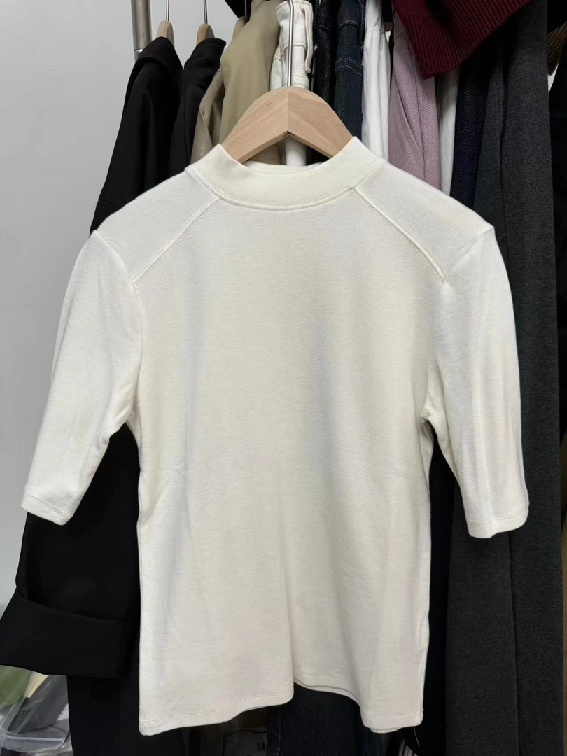 秋冬新款半高领纯棉打底衫女五分袖中袖洋气内搭上衣